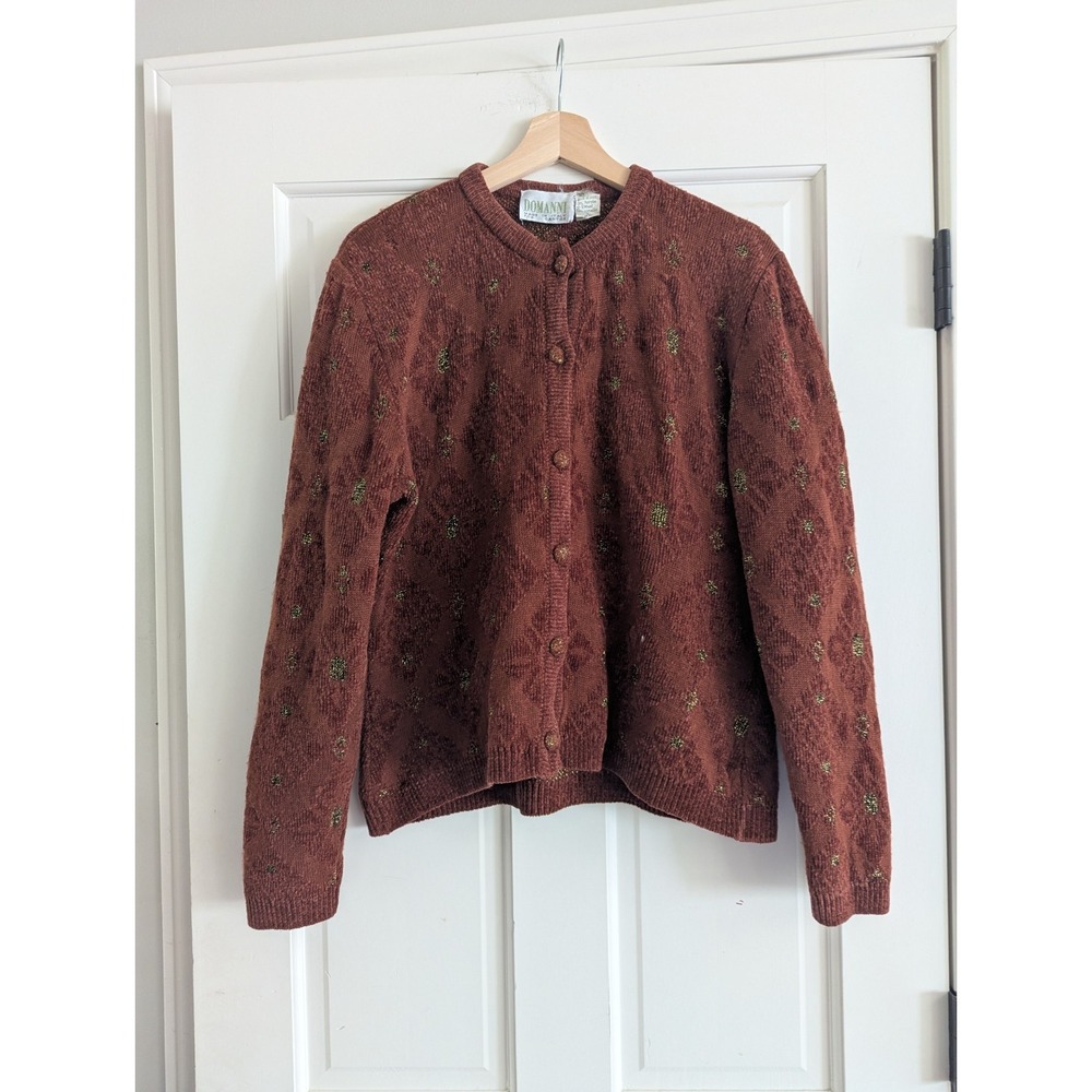 Vintage Domanni Italy Rust Orange Metallic Cardigan Sweater Size Large Gantos